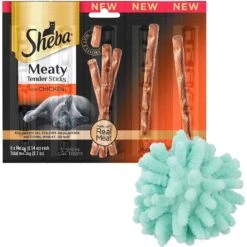 Sheba Meaty Tender Sticks Chicken Flavor Soft Adult Cat Treats & Frisco Moppy Ball Cat Toy With Catnip